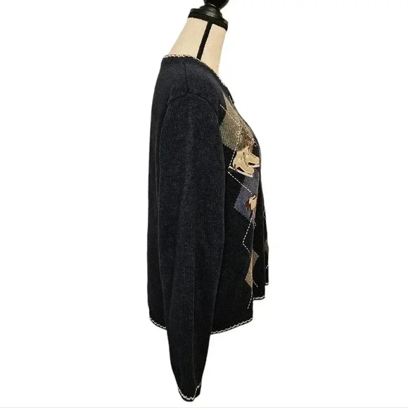Winter Holiday Embroided Bird Snowflake Skate Zip Front Grandma Navy Cardigan - Picture 2 of 9
